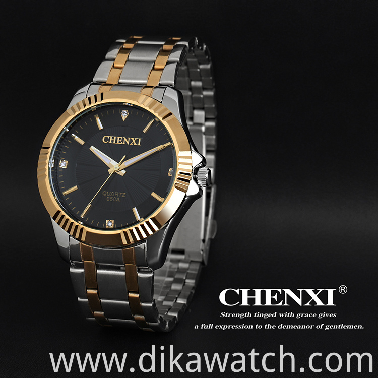 CHENXI New Men Women Quartz Couple Watch Fashion Waterproof Stainless Steel Watch Golden Luxury Wristwatch 050A